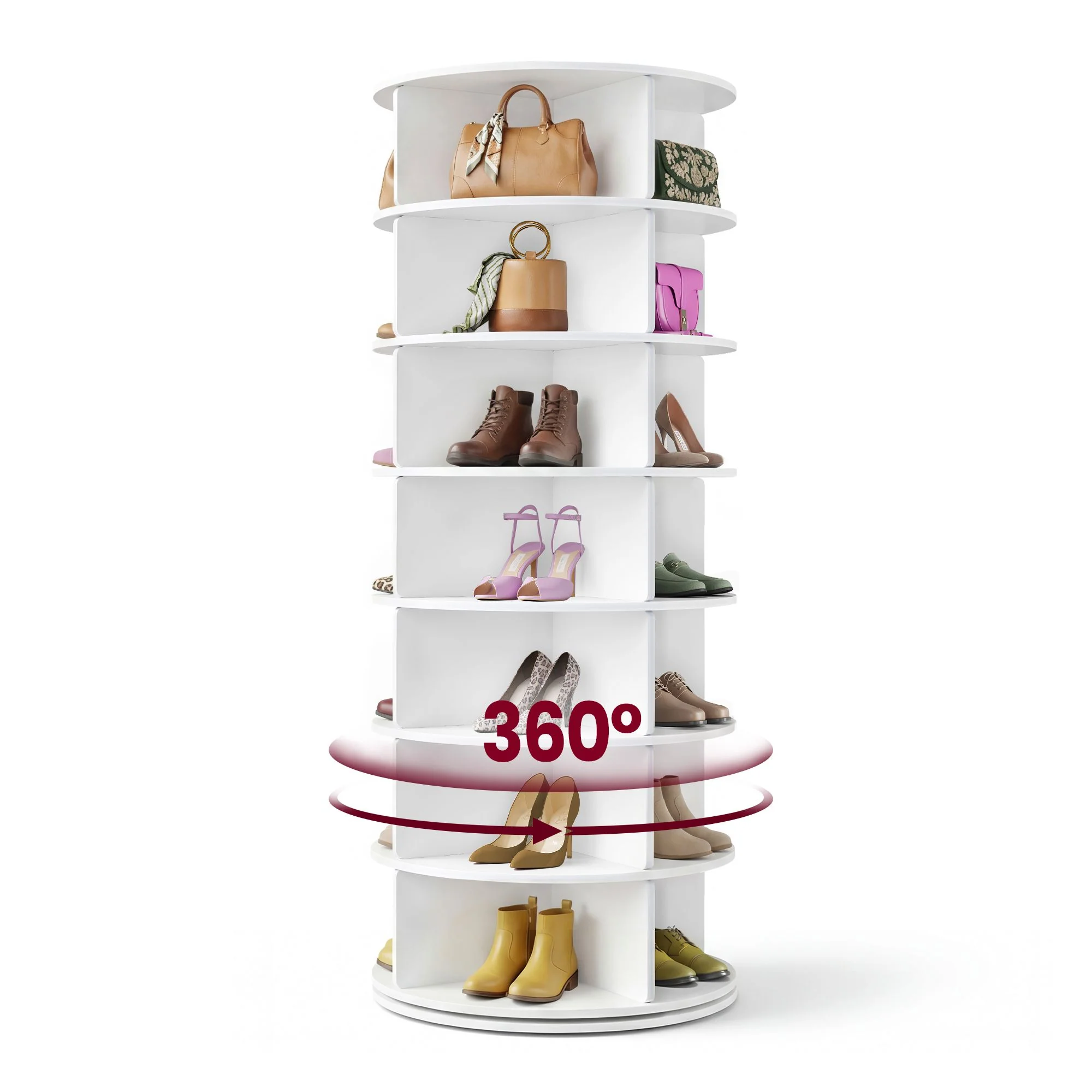 Free standing rotating shoe rack tower for closet or small spaces