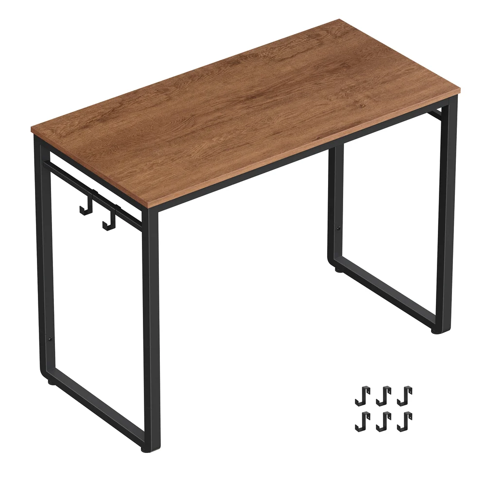 VASAGLE Computer Desk, Office Desk with 8 Hooks, for Study, Home Office, Easy Assembly, Industrial Design, 47.2 x 23.6 x 29.5 Inches, Walnut Brown and Black