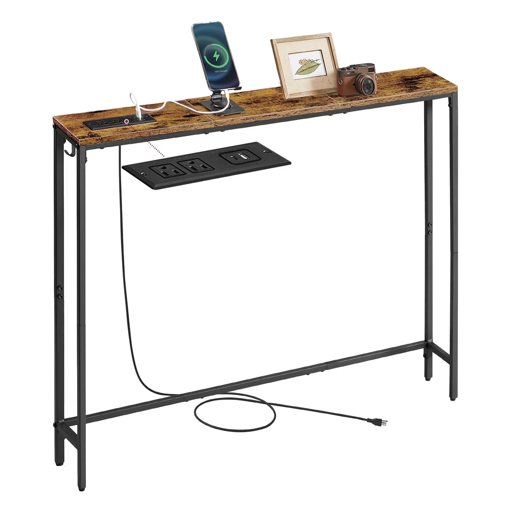 Slim console table with power outlet and hook