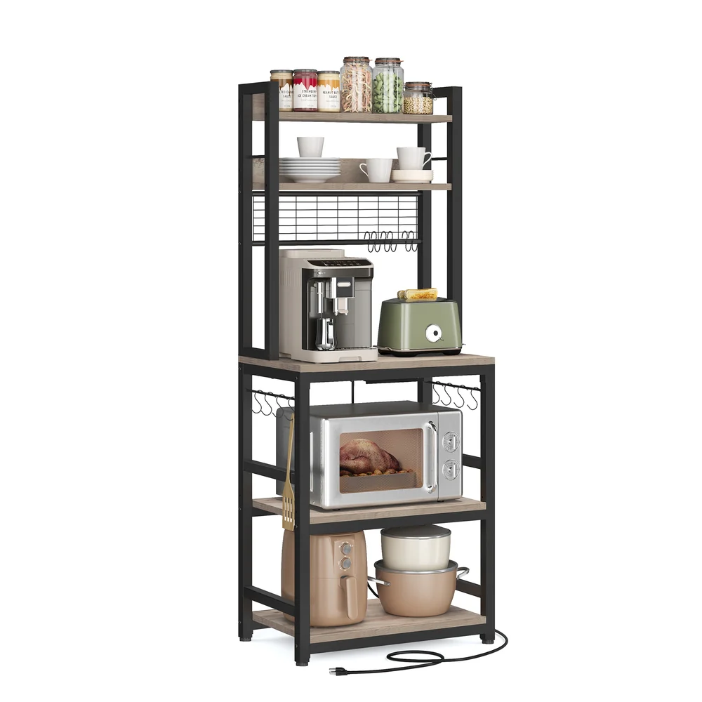 VASAGLE Hutch Bakers Rack with Power Outlet, 14 Hooks Microwave Stand