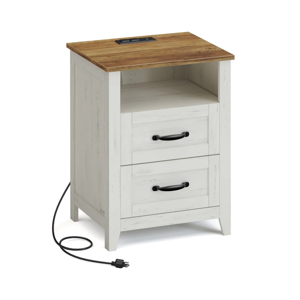 Liry Collection - Farmhouse nightstand with charging station drawers and open shelf