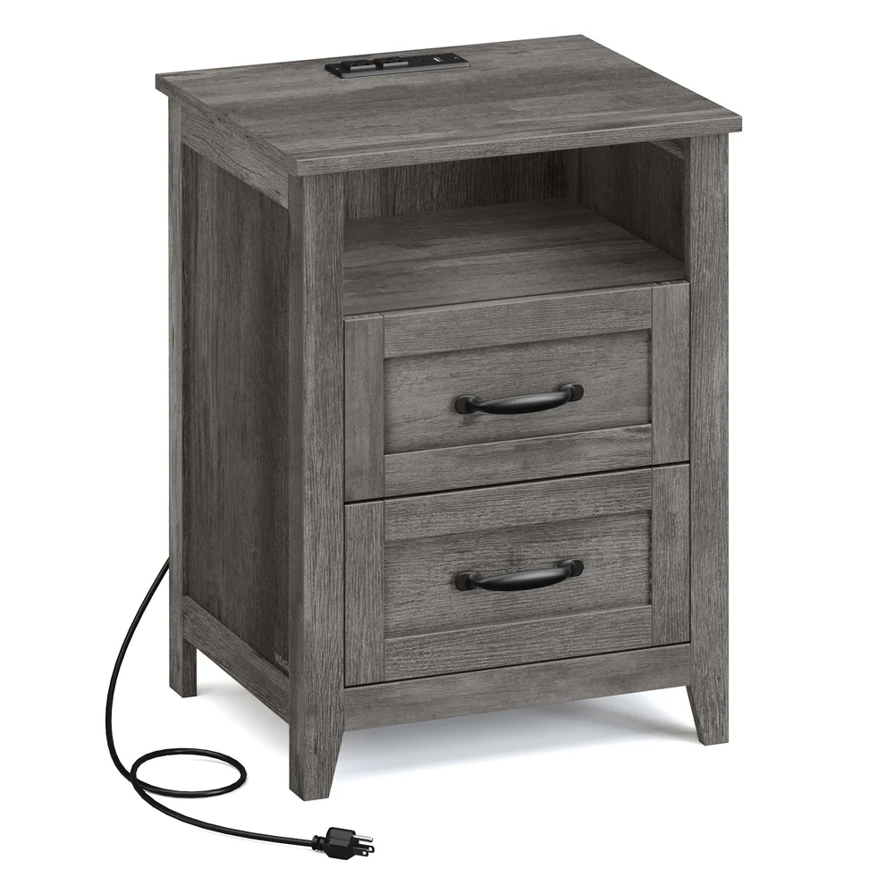 Liry Collection - Farmhouse nightstand with charging station drawers and open shelf - Image 3