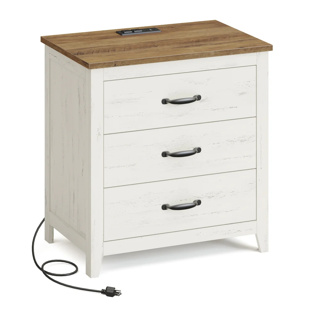Liry Collection - Farmhouse nightstand with charging station drawers and open shelf - Image 4