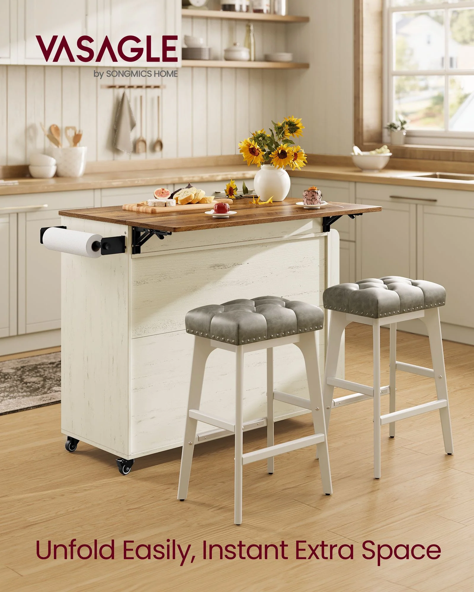 VASAGLE Mobile Kitchen Island with Drop Leaf, Portable Island with Spice Rack