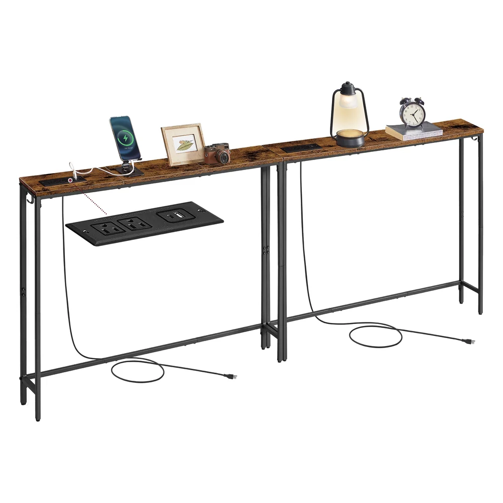 VASAGLE Set of 2 Console Tables with Power Outlets, Slim Behind Couch Sofa Tables