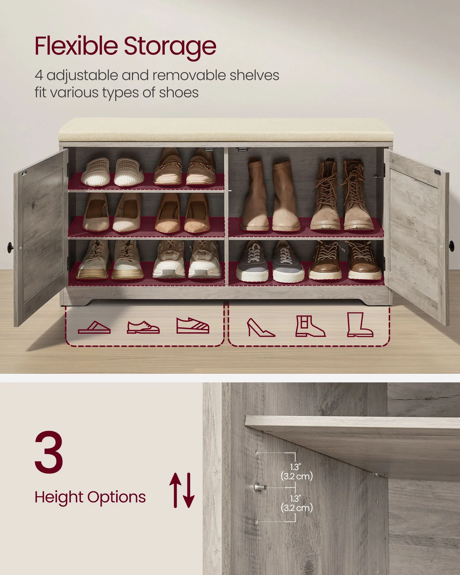 Shoe storage bench with cushioned seat, doors and adjustable shelves - Image 2