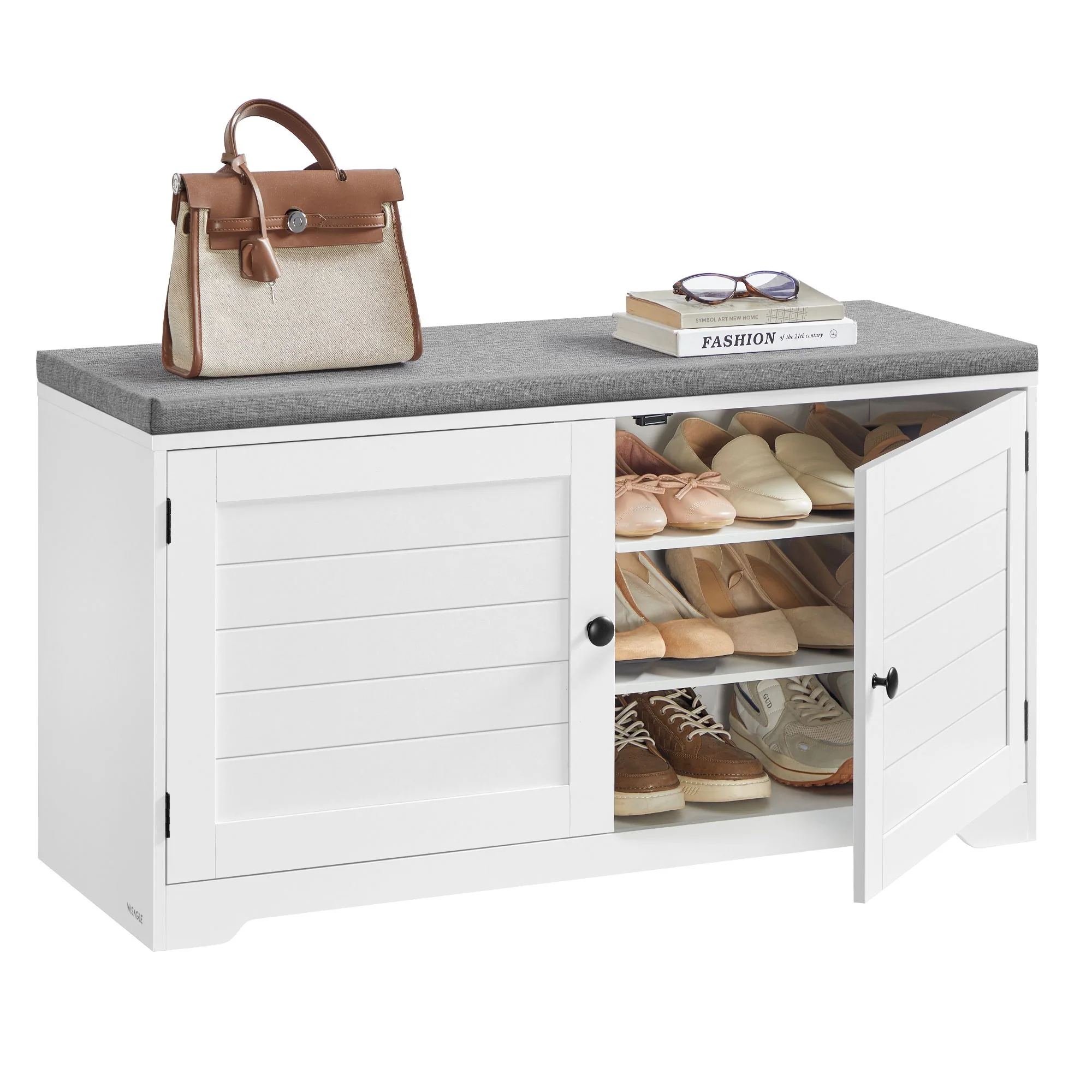 Shoe storage bench with cushioned seat, doors and adjustable shelves - Image 3