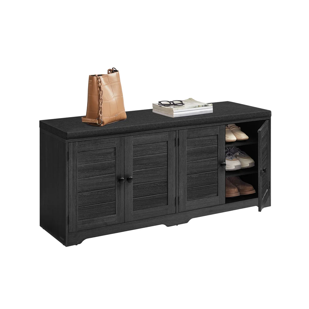 Shoe storage bench with cushioned seat, doors and adjustable shelves - Image 4