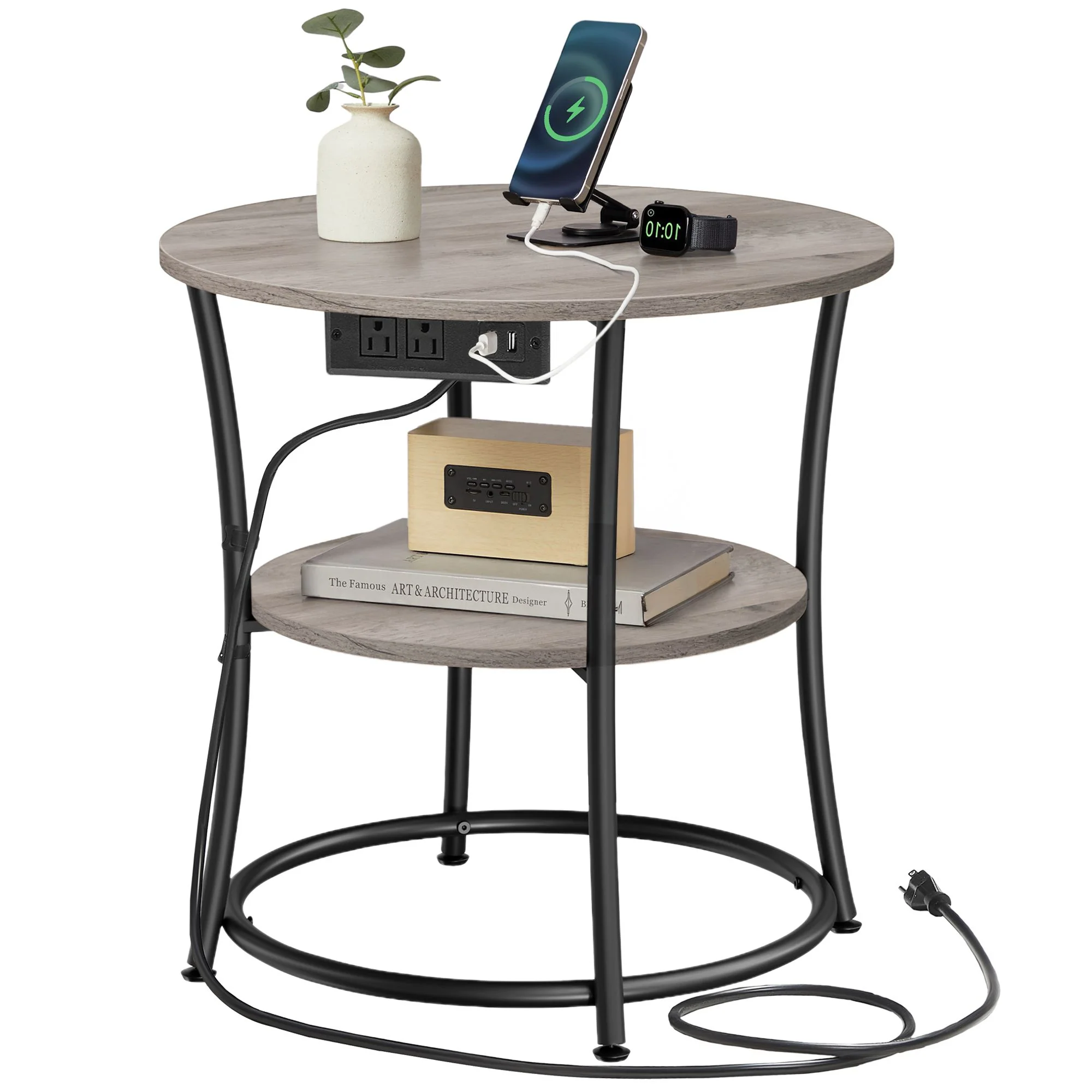 VASAGLE Side Table, 2-Tier Round End Table with Power Outlets - Image 3