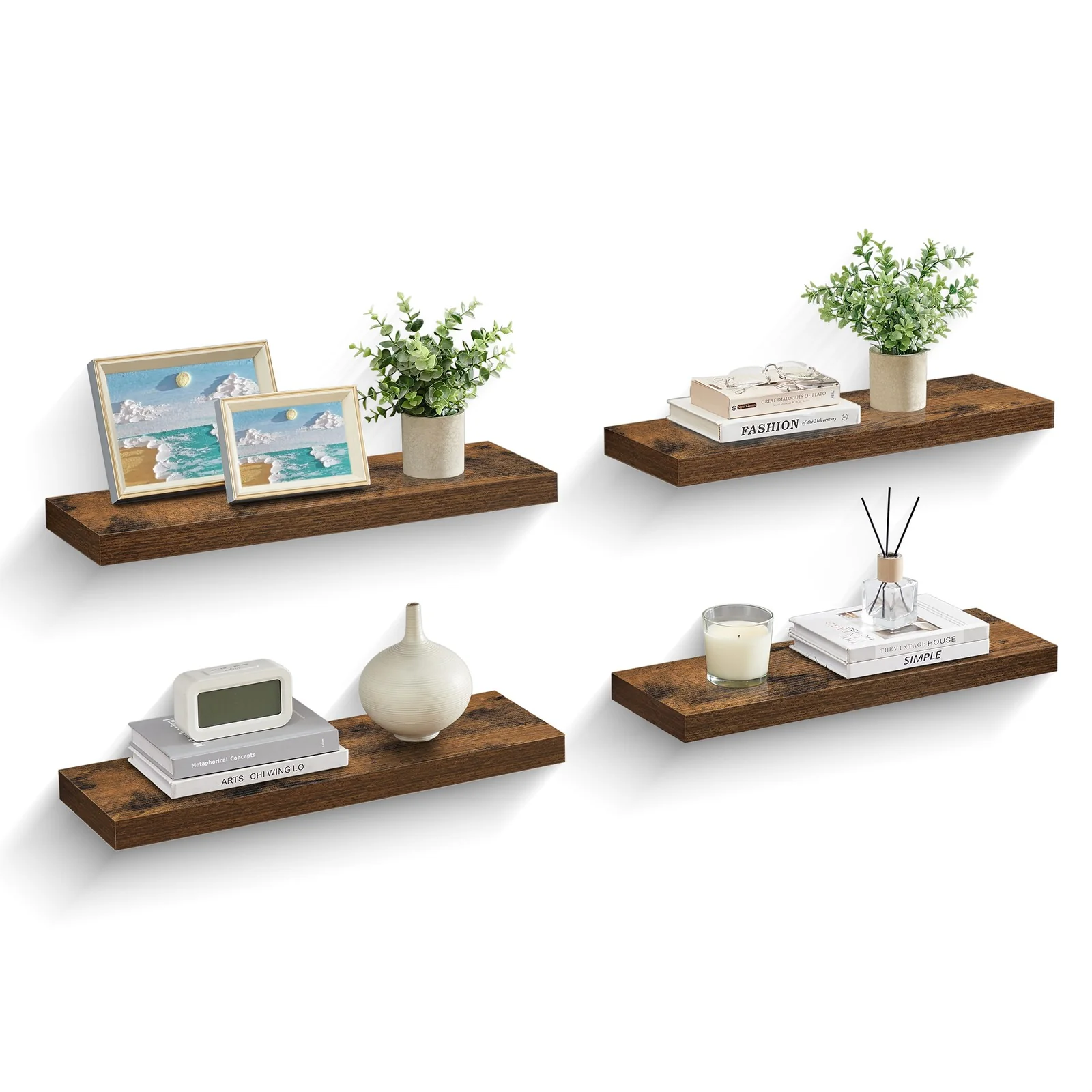 Wall Shelves Set of 4, Floating Shelves, 8 x 23.6 x 1.5 Inches, Display Shelves for Picture Frames, Decor, Hanging Shelf for Living Room, Kitchen, Rustic Brown